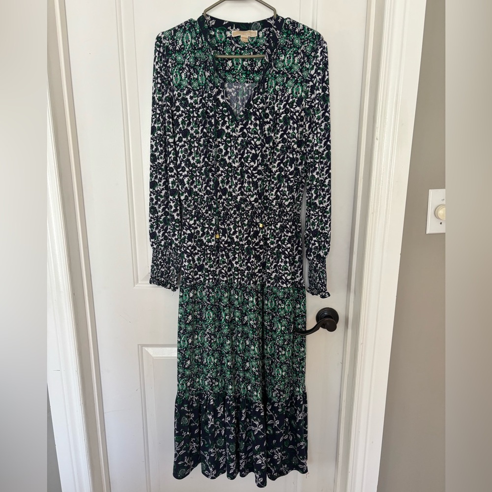 Michael Kors floral midi dress Medium smocked waist long sleeve navy green white